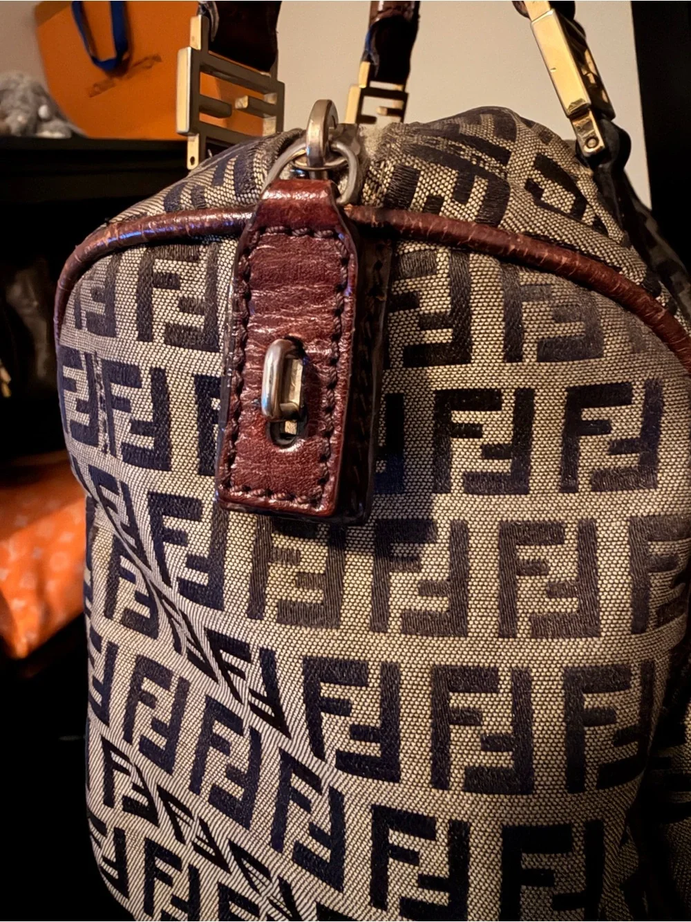 Fendi Brown Zucca Canvas Satchel with Dark Brown Leather Trim